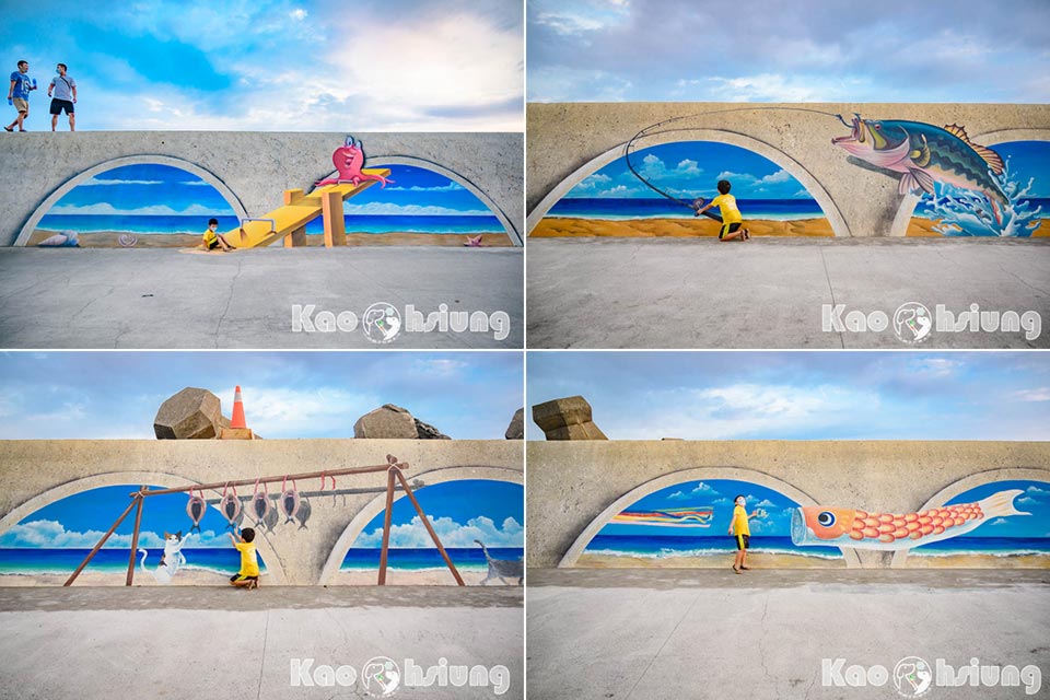 高雄彌陀景點〡彌陀漁港海岸光廊〡超過二十幅海洋風3D壁畫,海空步道與唯美的夕陽絕配,免費又好玩的親子景點