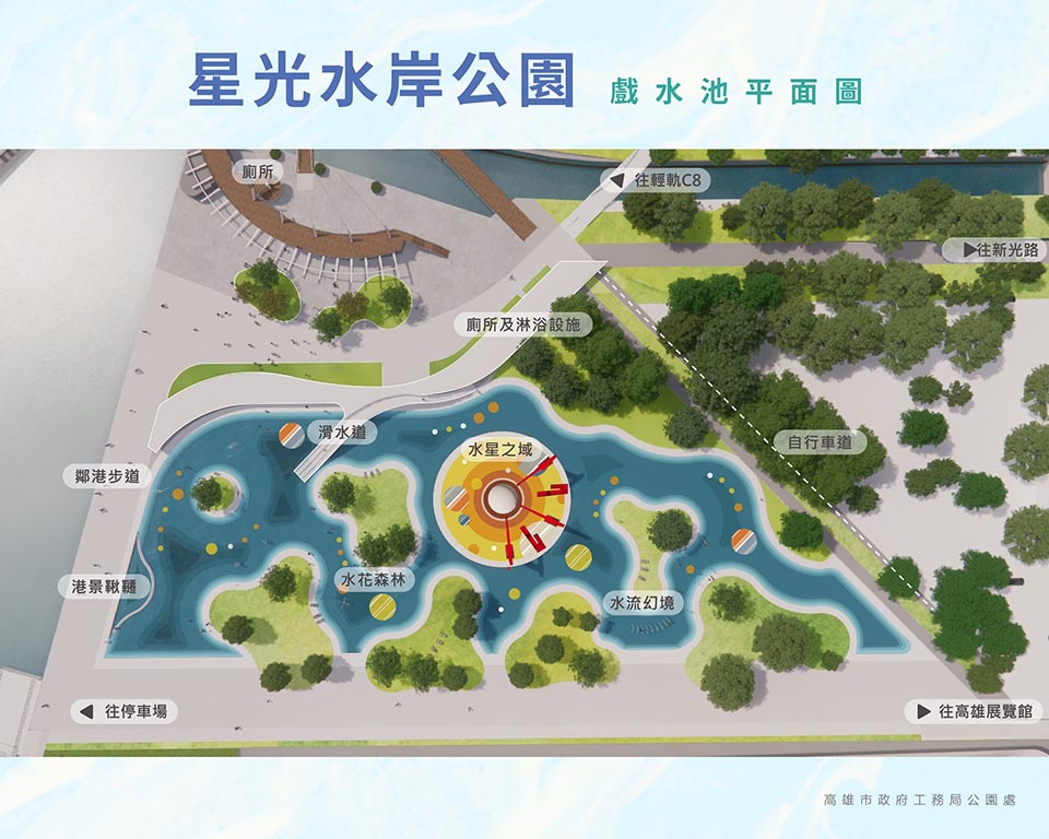 1023-1 高雄前鎮景點〡星光水岸公園〡夏日限定玩水樂園, 六大戲水遊具免費玩, 酷炫吊臂造型灑水器, 海洋意象水池彩繪